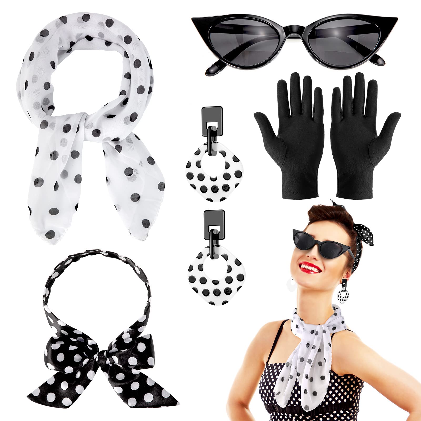 Hifot 50s Fancy Dress Costume for Women Vintage Polka Dot Retro Bandana Tie Scarf Gloves Earrings Cat Eye Glasses 1950s Accessories Set