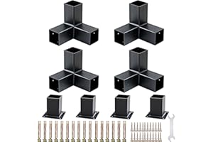 RAILEN Pergola Bracket Kit, 6x6 Powder-Coated Carbon Steel Post Bracket, Right Angle Woodworks Pergola Kit, Thickened Plate Outdoor Pergola Hardware Kit, 4 Bracket Shoulders 4 Boots Includes Screws
