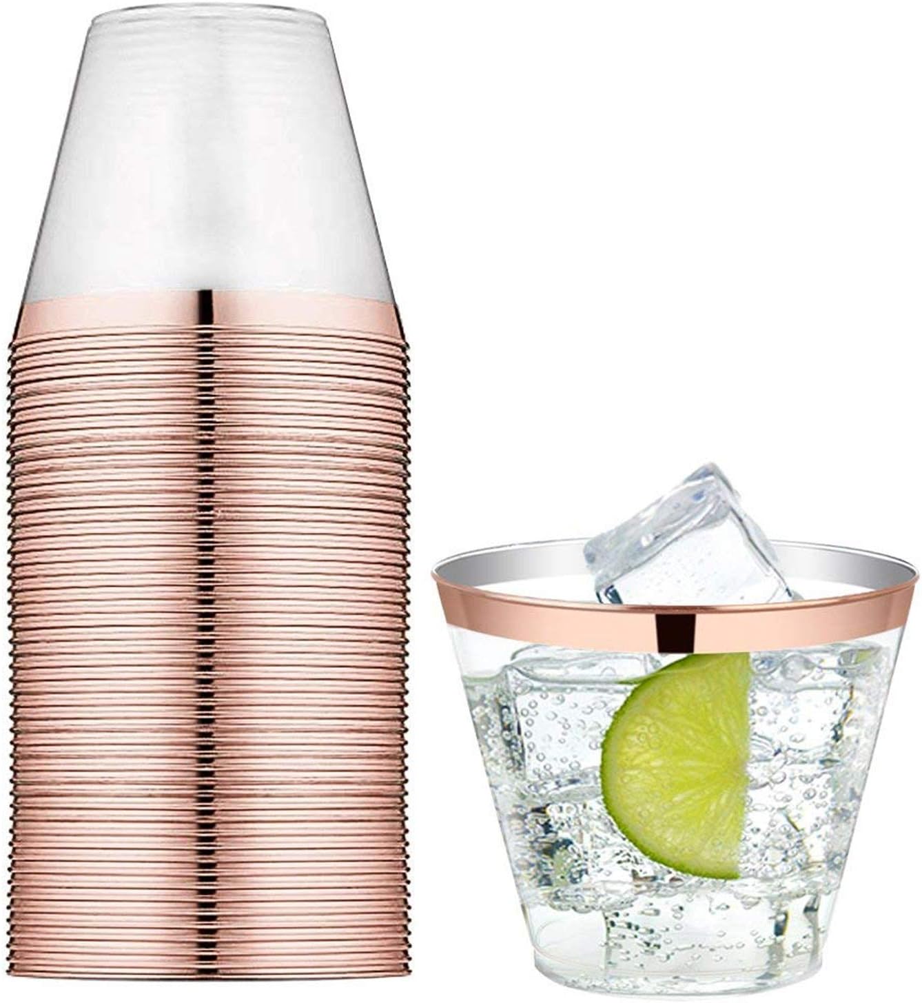 120 Rose Gold Plastic Cups 9 oz | Hard Clear Disposable Tumblers | Perfect for Party, Wedding, Holiday, Baby Shower or any Special Event