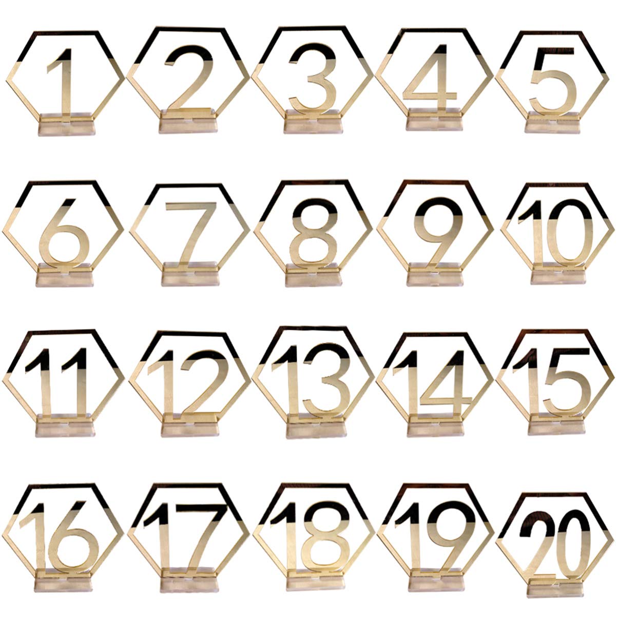Amosfun 1-20 Wedding Table Numbers Acrylic Mirror Silver Numbers Place Holder Table Stand Cards Number Plate Decorations for Wedding Birthday (Golden),11x10,2 cm