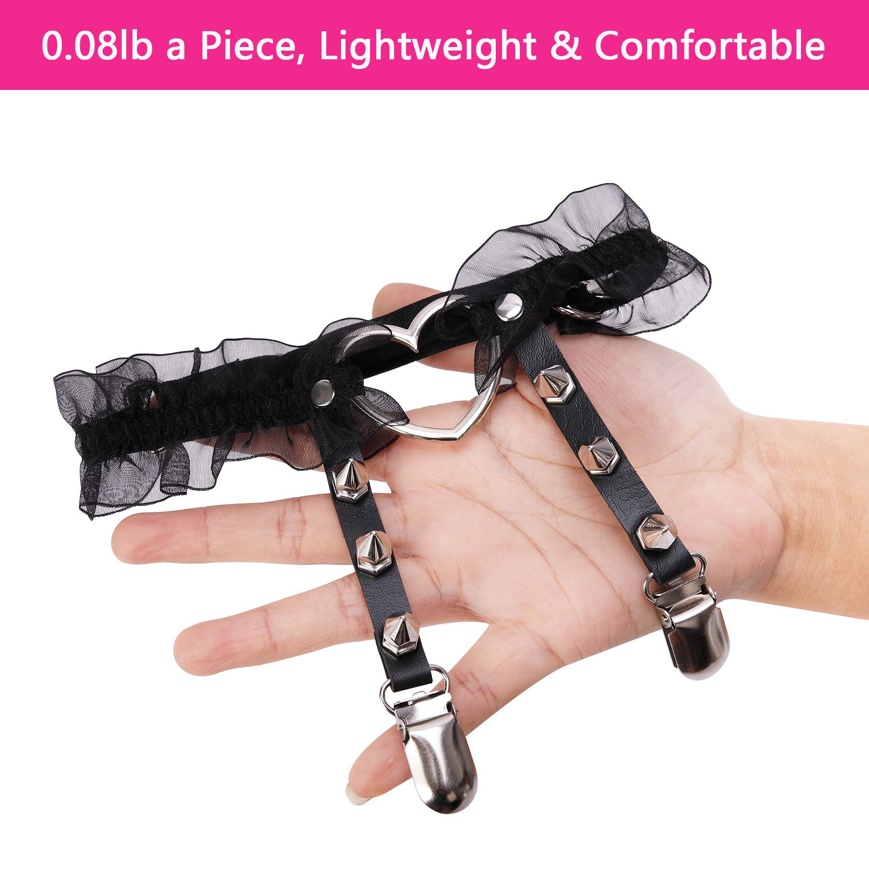 2PCs Adjustable Lace Heart Thigh Garter with Anti-Slip Clasps, Elastic Leg Garter Belt for Women, Black/Pink