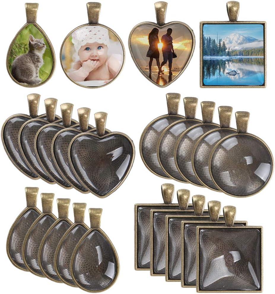Anpatio Pendant Trays 48pcs Glass Cabochon Dome Setting Round Square Heart Teardrop Jewelry Bezel Vintage Bronze Pendant Base for Photo Earrings Necklace Craft Jewelry Making 4 Styles 25mm