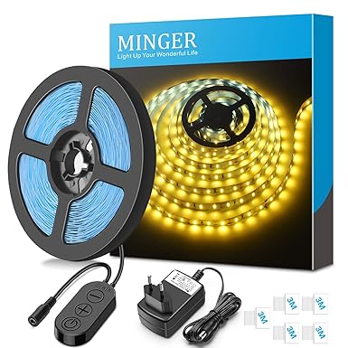 Minger 5m LED Strip Dimmbar, LED Streifen Kit mit 12V Netzteil, 3500K 300 LEDs Lichtband Warmweiß, 2835 SMD Led Band Leiste Innenbeleuchtung für Deko Party Küche Weihnachten [Energieklasse A+]