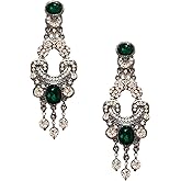 Victorian Edwardian Antique Vintage Art Deco Style Dark Hunter Green Emerald Rhinestone Long Dangle Wedding Bridal Prom Earrings