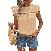 SKAYS Womens Summer Eyelet Ruffle Sleeve Crewneck Tank Top Casual Short Sleeve Blouse T Shirts