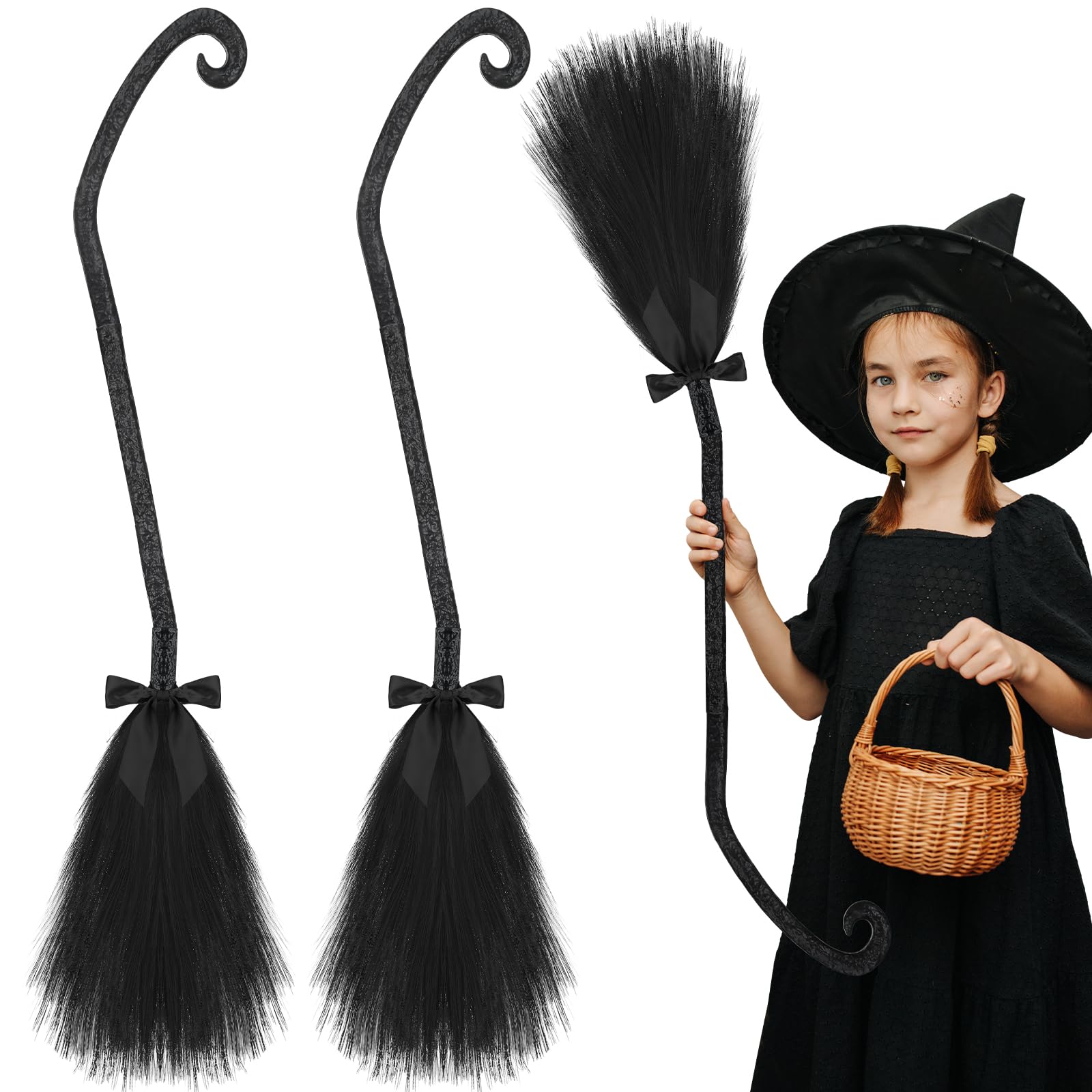 Photo 1 of Liliful 2 Pcs Halloween Witch Broom with Ribbons Wizard Accessories Wizard Decor Costume Witch Broomstick