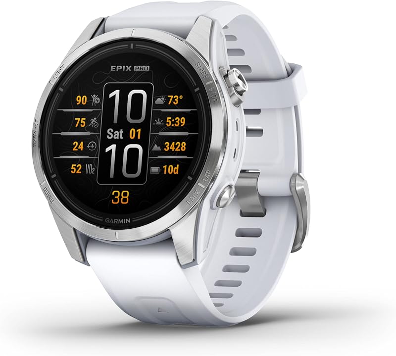 Garmin epix (gen 2) pro 42mm - relógio gps multiesportivo de alto desempenho com tela sensível ao toque amoled, lanterna led, frequência cardíaca, mapas e até 10 dias de autonomia, prata