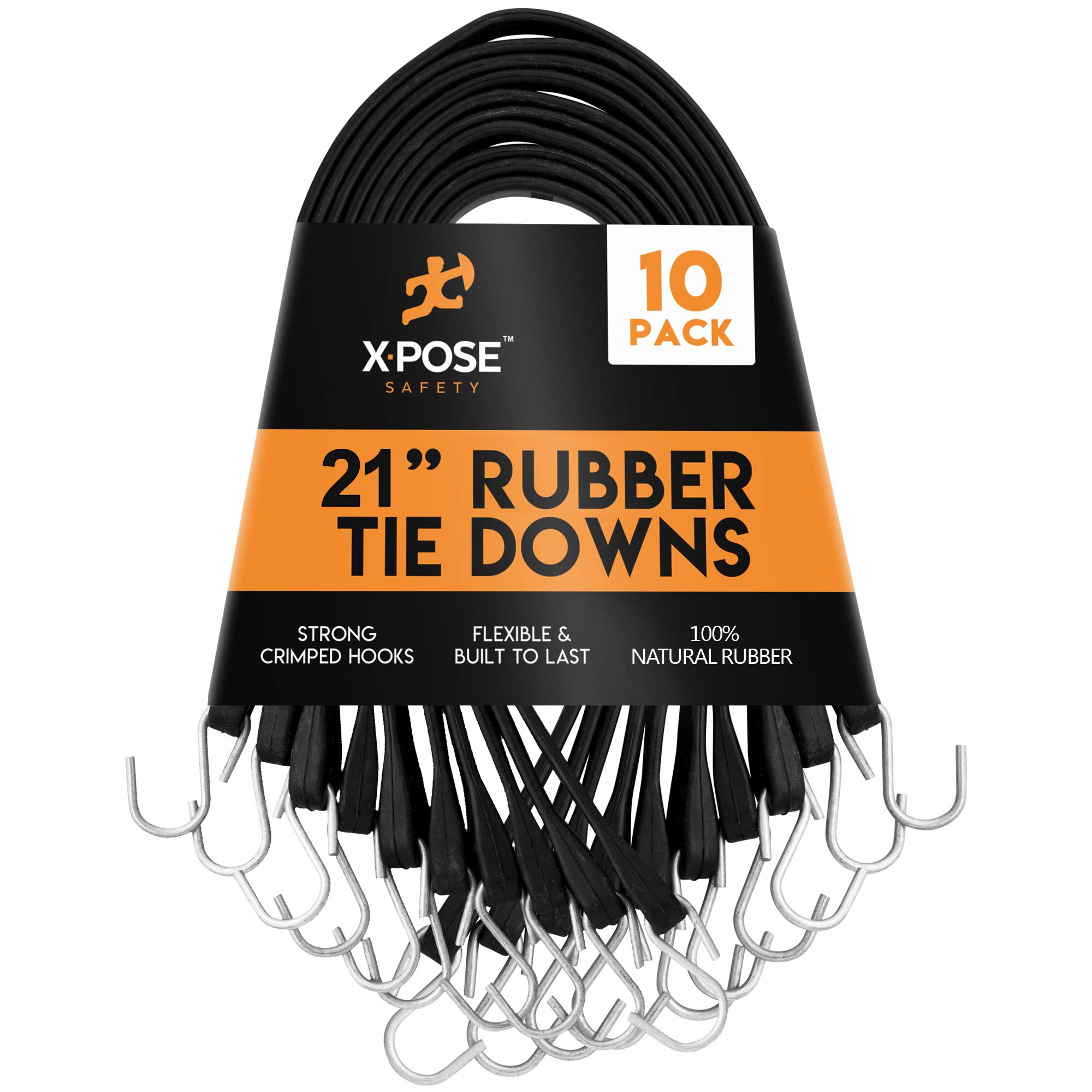 Xpose Safety Rubber Bungee Cords with Hooks 10 Pack 21 Inch (32” Max Stretch) Heavy-Duty Black Tie Down Straps for Outdoor, Tarp Covers, Canvas Canopies, Motorcycle, and Cargo - by