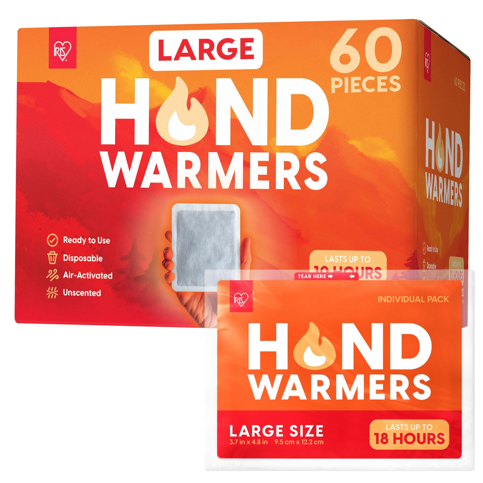 Photo 1 of *IMCOMPLETE* IRIS USA Hand Warmers, Large - 60 Individual Warmers, Up to 18 Hours Long-Lasting for Warm Hot Hands Body, TSA-Approved, Pocket Warmers Bulk for Hot Hands Disposable Portable, Camping Skiing