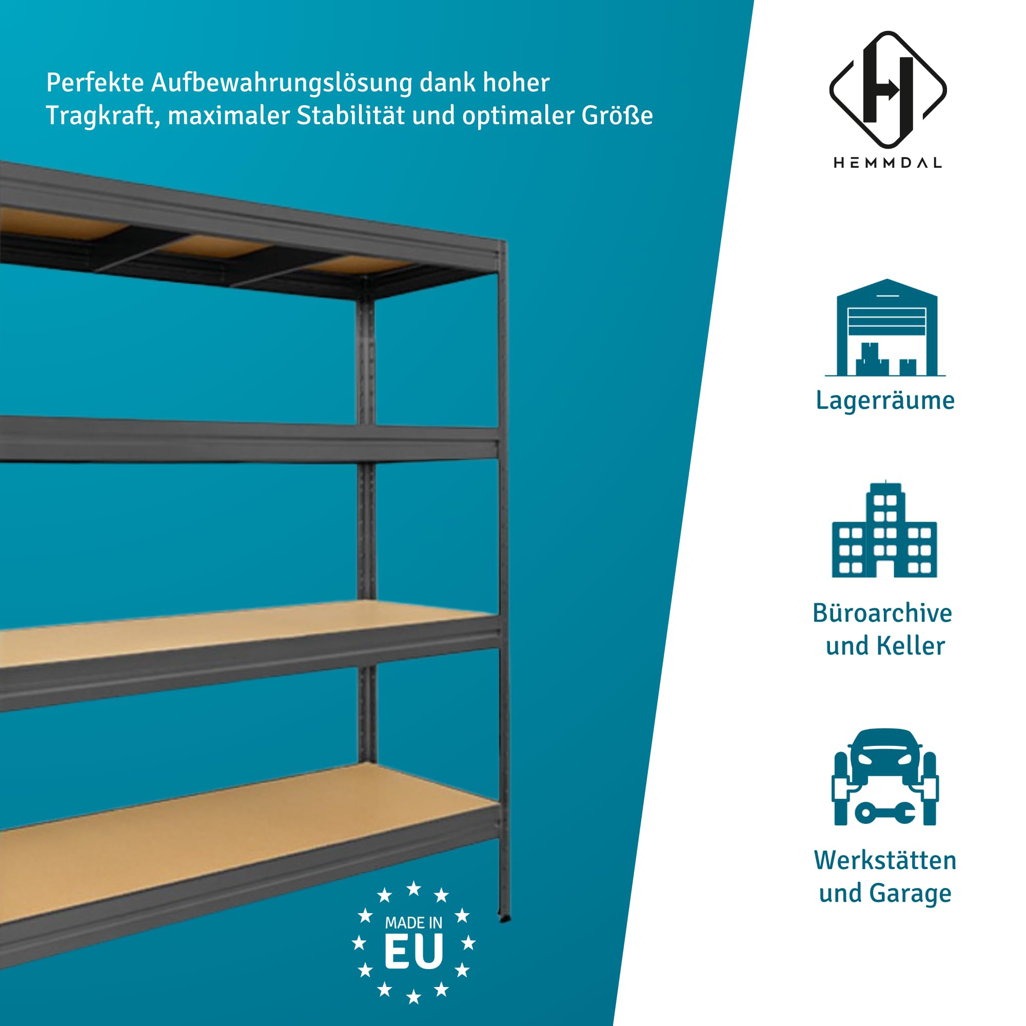 HEMMDAL Schwerlastregal Typ L - HxBxT 177 x 160 x 60 cm - Graphitgrau - 2.400 kg Tragkraft - Steckregal mit 4 Böden - 600 kg Fachlast - Made in EU - stabiles Metallregal - Lagerregal - Werkstattregal 4