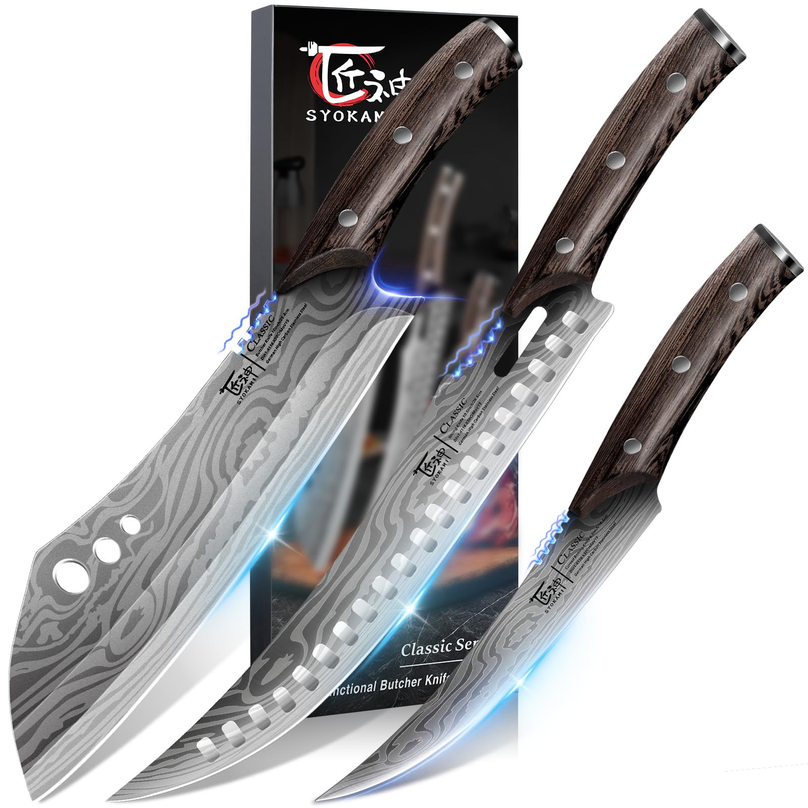 Photo 1 of SYOKAMI Butcher Knife Set, 3 PCS Kitchen Knife for Meat Cutting, Cleaver, Breaking & Boning Knife, Japanese Style High Carbon Steel Kitchen Knife for Chopping, Slicing, Deboning, House Warming Gifts