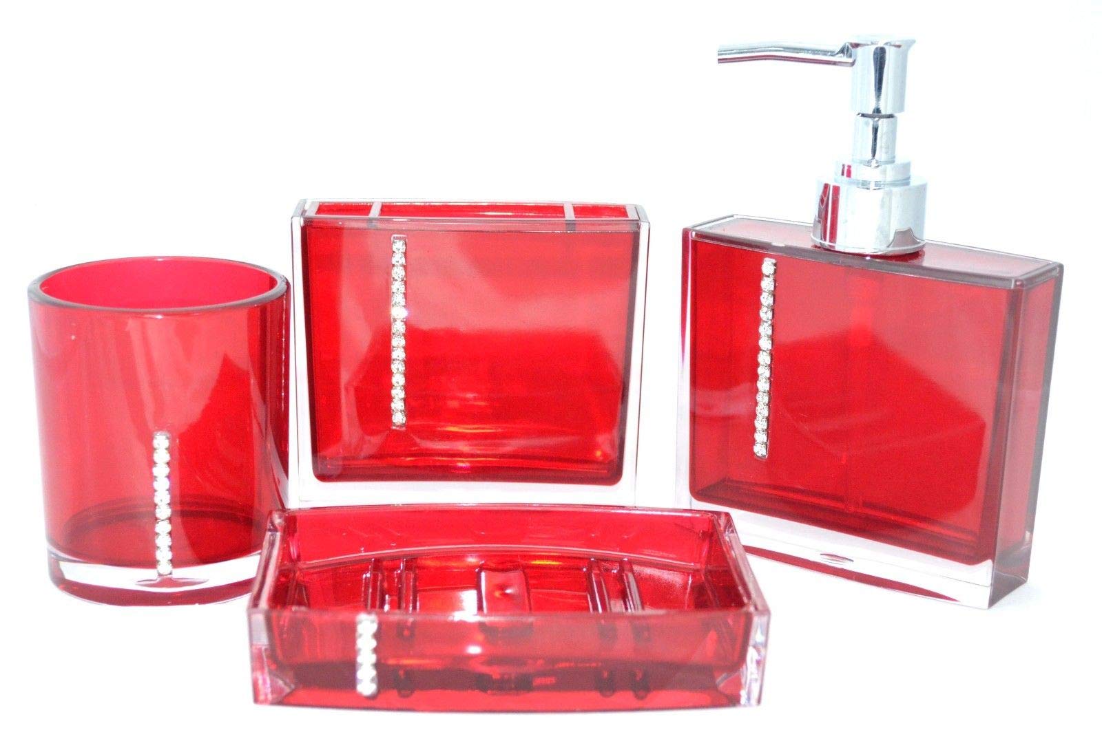 SHINE Luxury 4pcs sets Acrylic Bathroom Accessory Set Diamond Dolomite studded Decoration set Red color and Diamond design