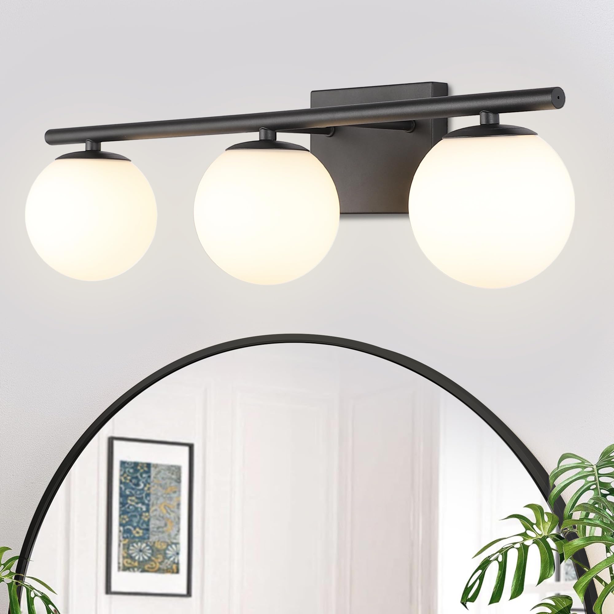 YHTlaeh New Bathroom Vanity Light Fixtures Brushed Bronze Milk White Globe Glass Shade Modern ...