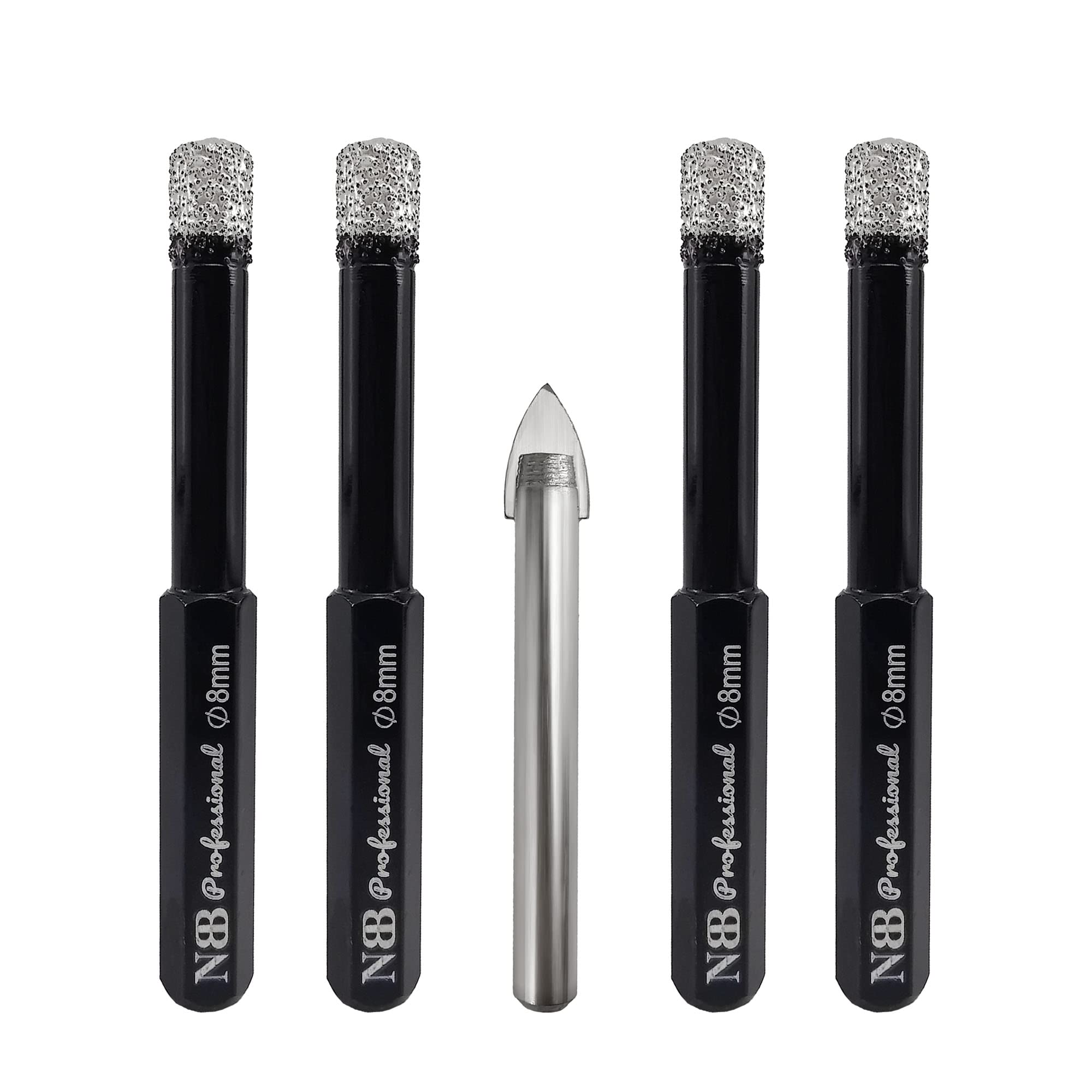 NBB Brazed Diamond Drill Bits with hex shank, for Dry drilling on hard Porcelain, Ceramic, Tile, Granite, Marble, extra life in wet, used on cord or cordless pistol drill (8mmx4pcs + 1pc Tile Drill)