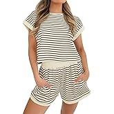 Tankaneo Womens Summer 2 Piece Sets Striped Short Sleeve T Shirts and Shorts Loungewear Matching Set