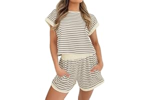 Tankaneo Womens Summer 2 Piece Sets Striped Short Sleeve T Shirts and Shorts Loungewear Matching Set
