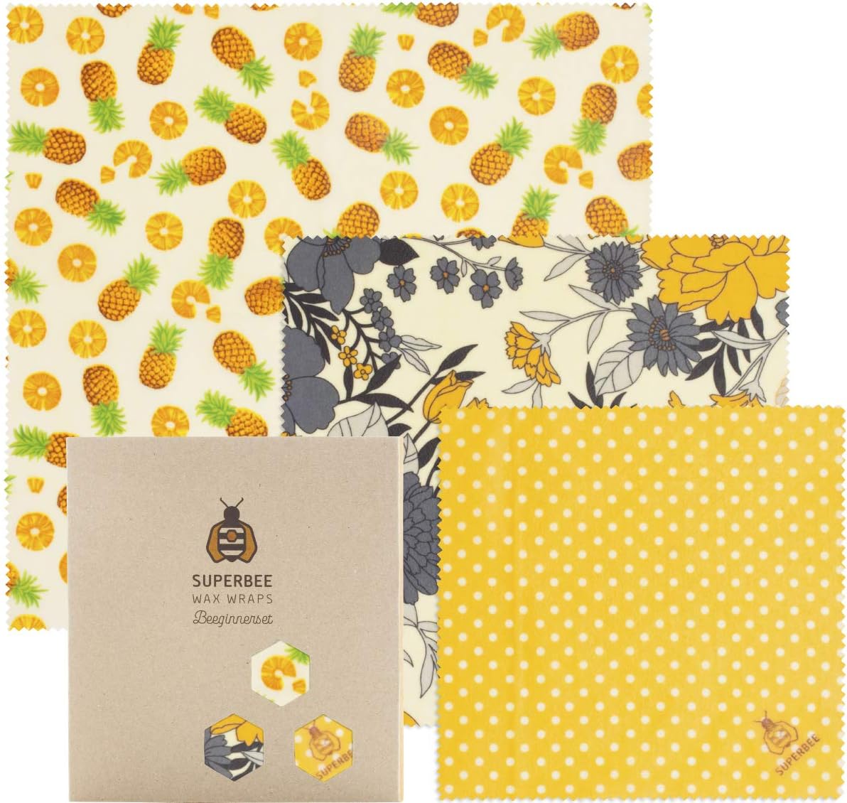 Superbee Beeswax Wrap | New Designs | Set of 3: Small, Medium and Large (Fruit & Flowers)