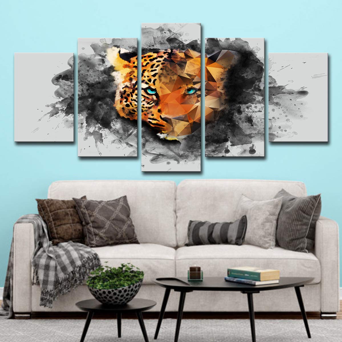 5 pieces canva abstract leopard head blue eyes