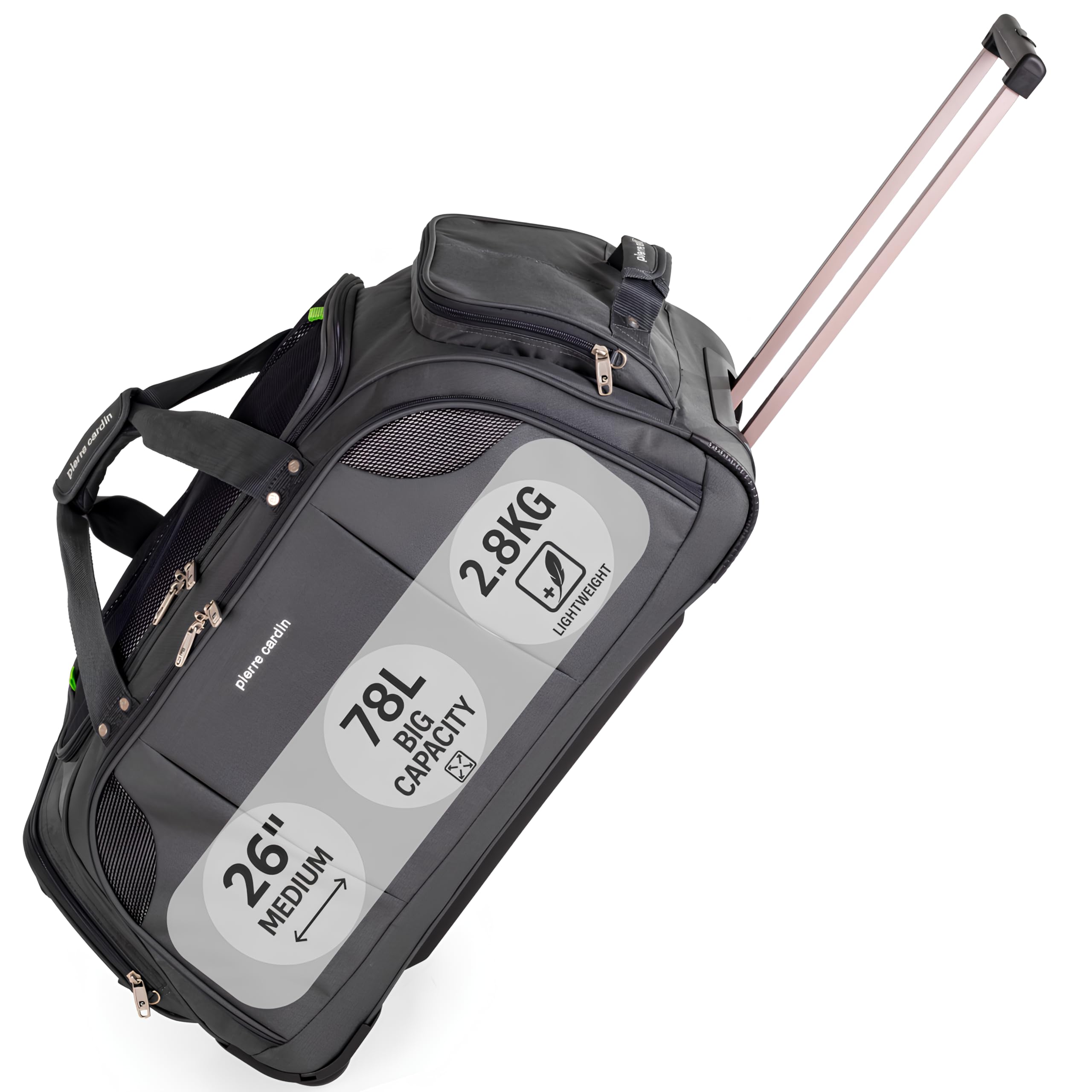 Pierre Cardin Lightweight Roller Holdall with Wheels - Durable Medium Duffle Bag Versatile Travel Holdall, Tool, Ice Skate and Cricket Bag | 78L Wheeled Duffel CL769 (Medium Grey 26")