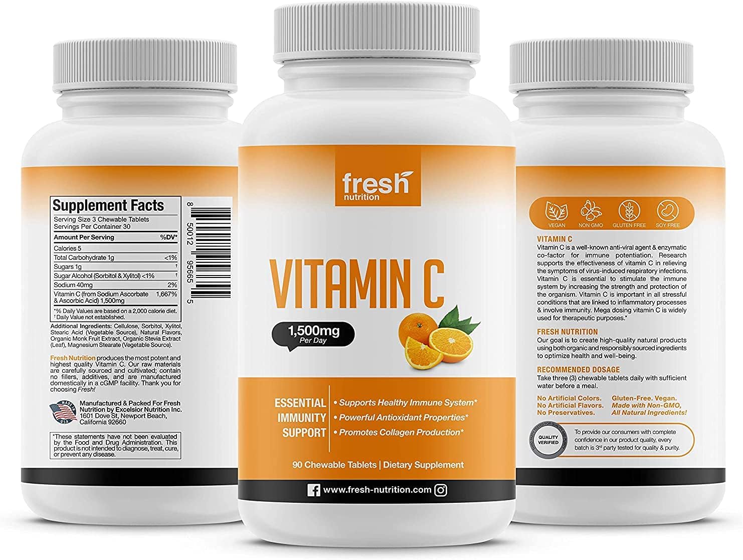 Vitamin C - Powerful 1500mg Per Day Immune Support - Tasty Chewable Vitamin C Supplement All Year-Round Potent Support - Vegan Friendly, Non-GMO, Gluten & Soy Free - All Natural Vit C immunity Booster: Health & Personal Care