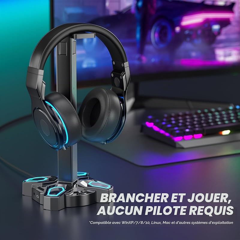 Support Casque Gamer, Porte Casque Rotatif avec 9 Modes de Lumière, Support Manette avec 2 Ports USB, Port 3.5 mm et Type C, Repose Casque & Porte Manette pour PS5 PS4 Xbox Series X One; Noir