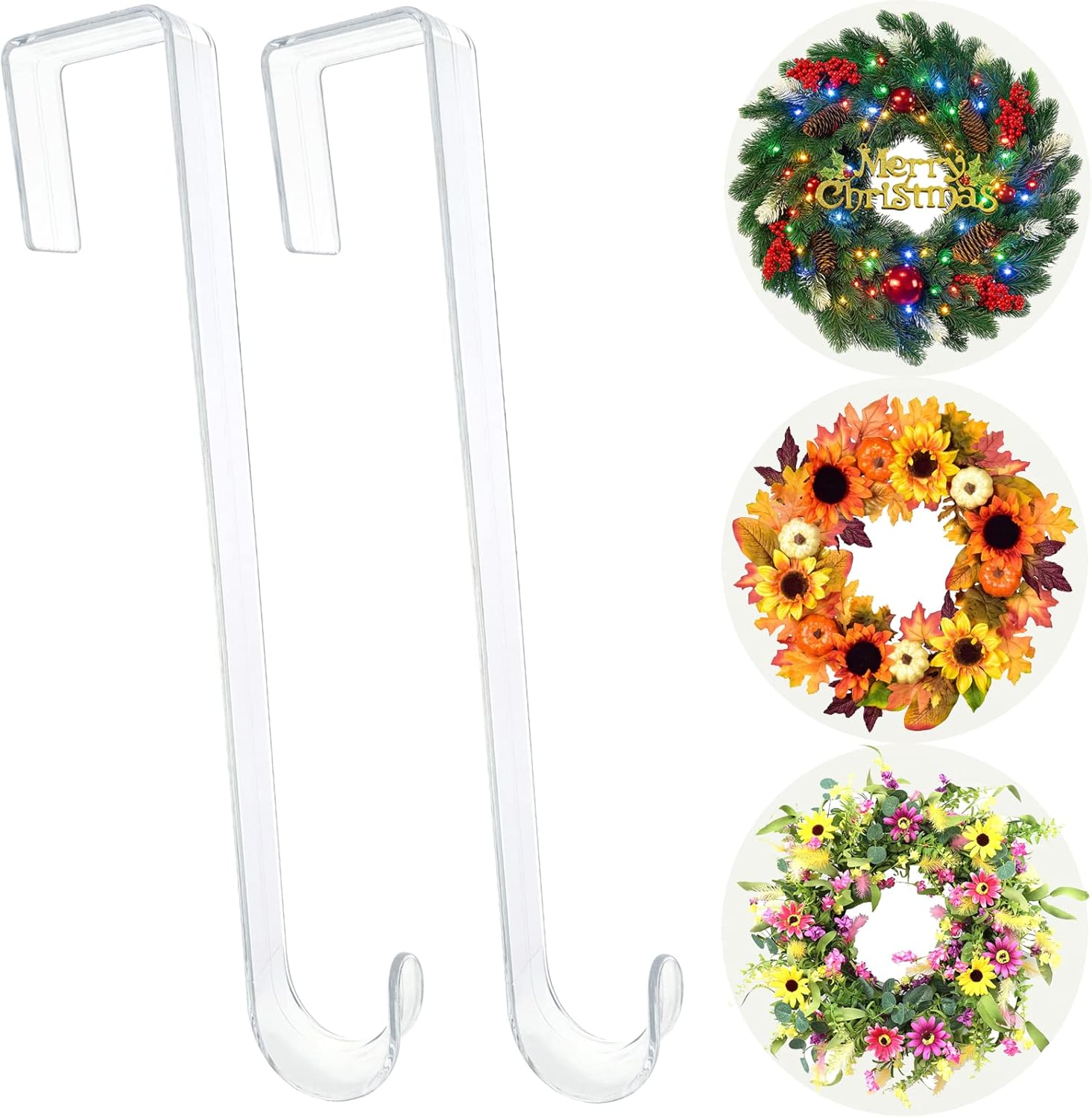 Wreath Hangers - Wreath Hanger,12” Clear Wreath Hooks for Front Door,2 Pack Over the Door Easter Christmas Decoration Hangers Fall Halloween Wreaths holder,Non Scratch Wreath Hangers for Front Door Décor Welcome Sign
