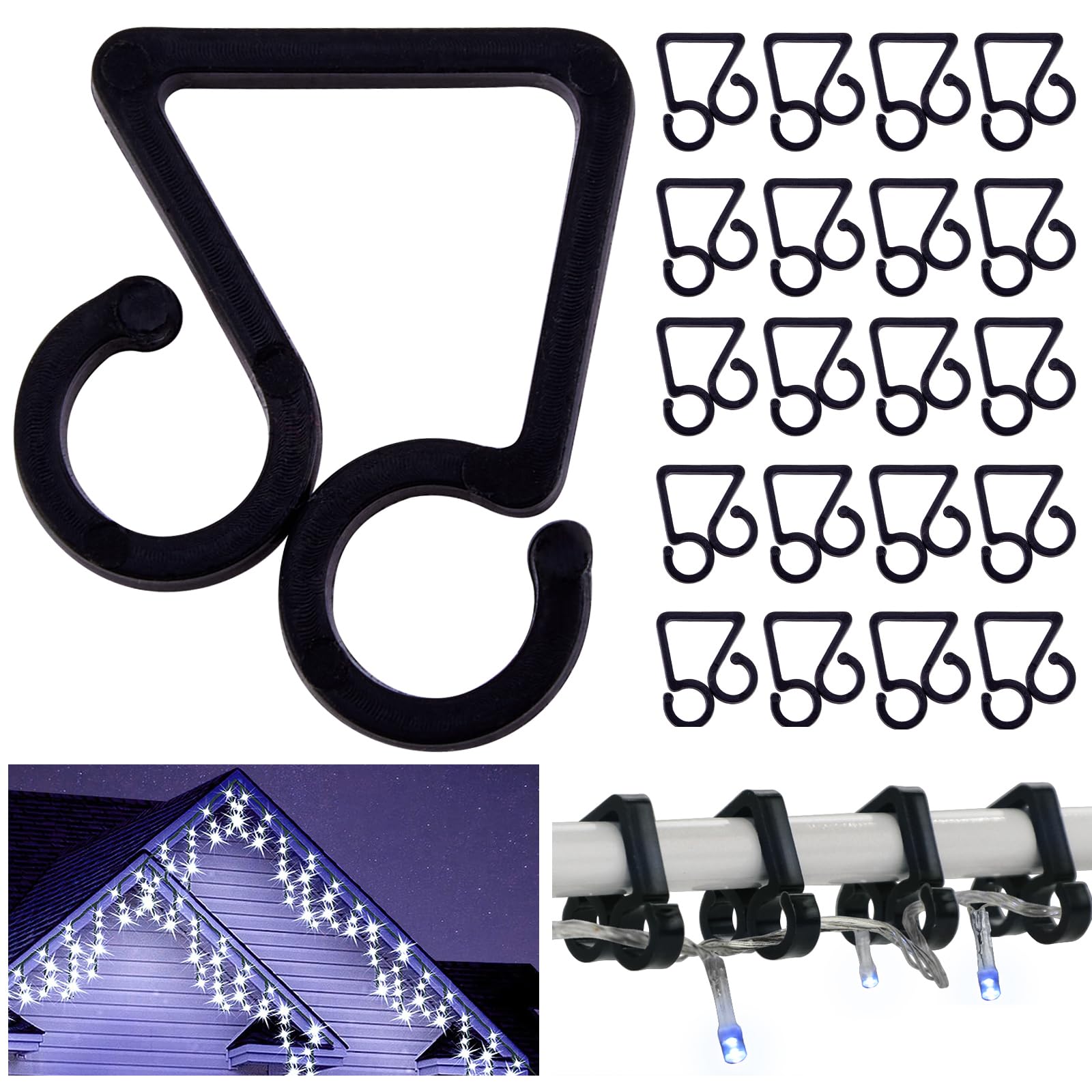 Vikdio 60 Pcs Black Gutter Hooks for Christmas Lights, Holiday Lights Clips, Gutter Clips for Outdoor String Lights Icicle Lights on Halloween Xmas Decoration Garden Tree Window