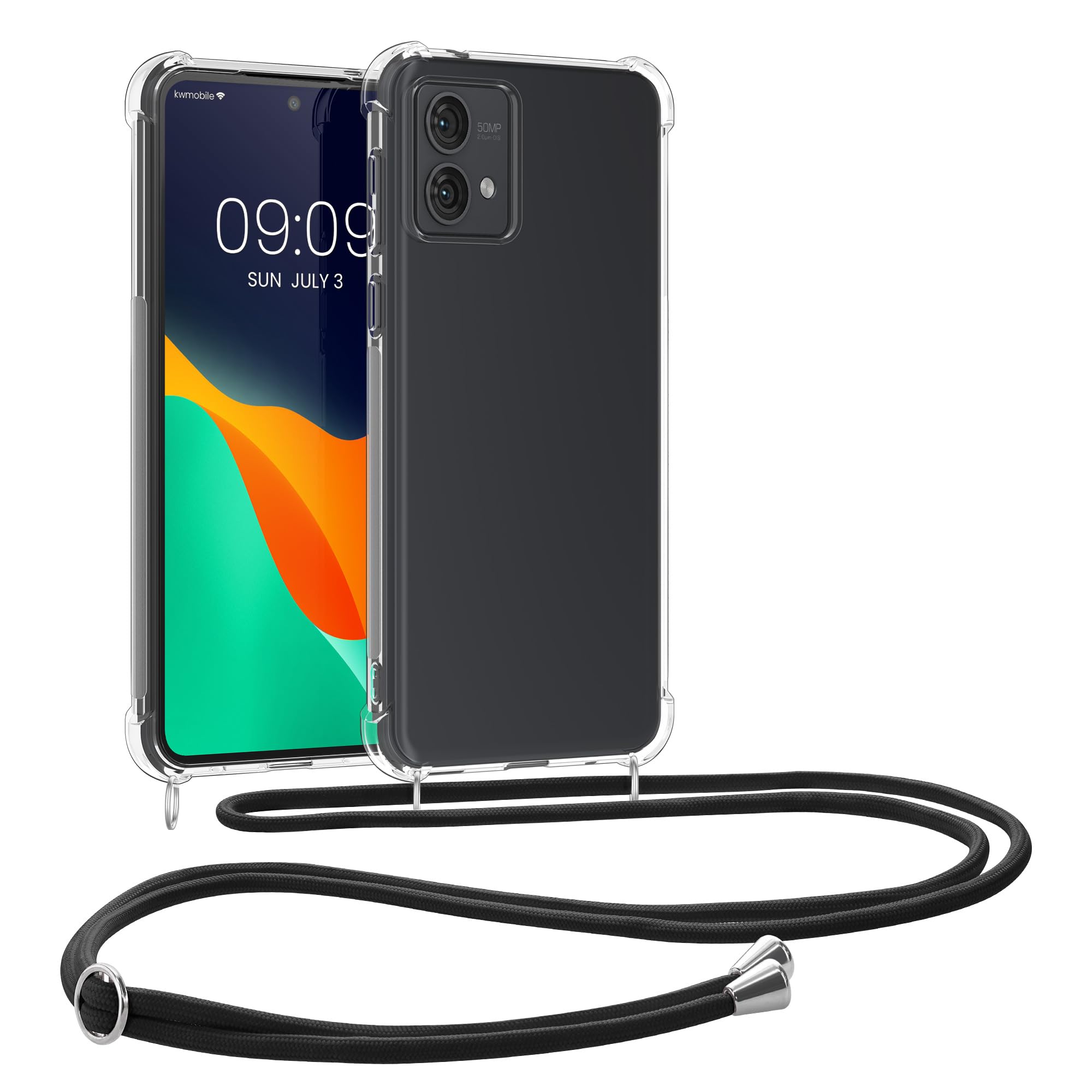 kwmobile Crossbody Case Compatible with Motorola Moto G84 5G Case - Clear TPU Phone Cover w/Lanyard Cord Strap - Black/Transparent