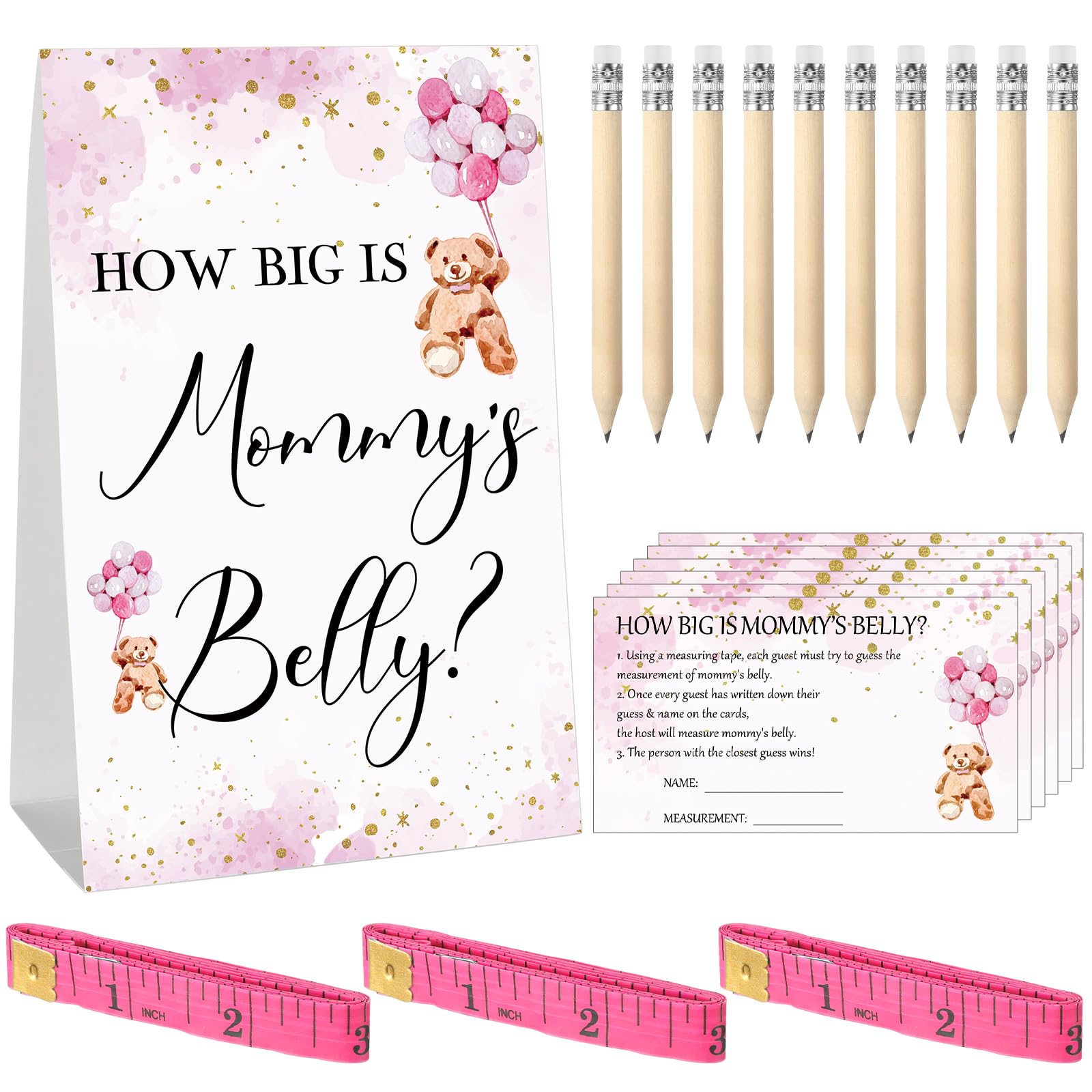 Photo 1 of Sabary 64 Pcs Baby Shower Games Include How Big is Mommy's Belly Sign Measure Bump Game 50 Cards 10 Pencils 3 Measuring Tapes for Baby Shower Gender Reveal Party Supplies(Pink Bear)