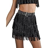 ChiyeeKiss Womens Sparkle Rhinestone Fringe Skirt Elastic Waistband Short Mini Dress with Adjustable and Removable Belt