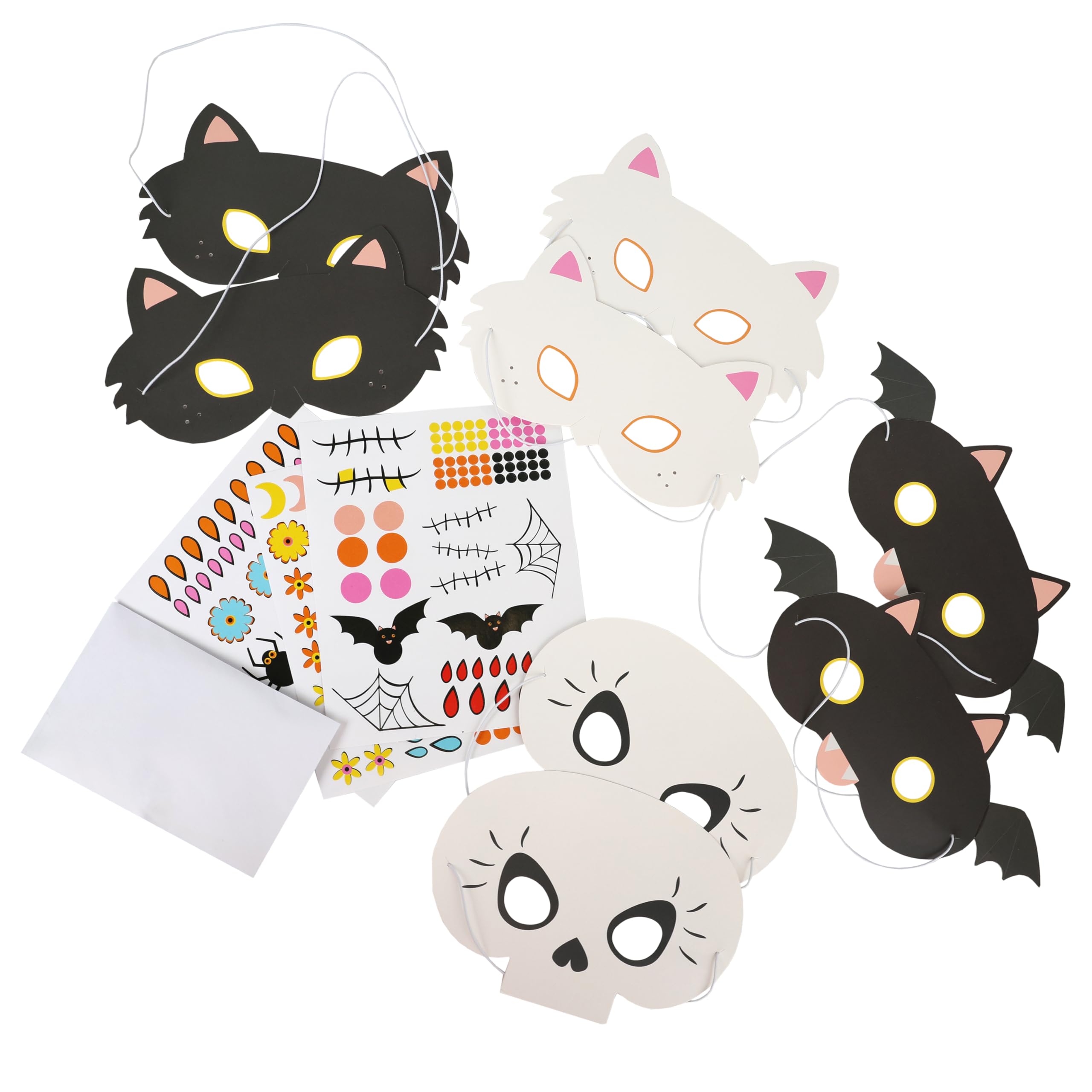 Talking Tables 8 x Halloween Party Masks for Kids Making Kit Craft Activity Customisable, Face Masks Dressup DIY Costume, Cat, Bat, Skull Masks, Black, White