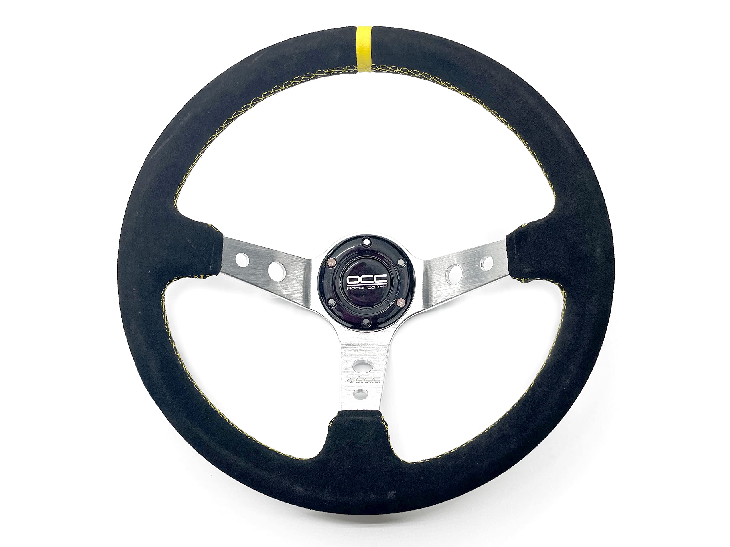 OCC MOTOR SPORT OFFSET STEERING WHEEL TRACK MODEL ALCANTARA SILVER ARMS - 90 MM FULL DISH WHEEL - 350MM (14 INCH)