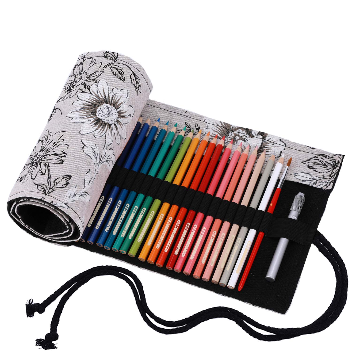 Amoyie Roll Up Pencil Case for 72 Coloured Pencils, Foldable Colouring Pen Organiser Bag, Canvas Coloring Pens Holder, Artist Wrap, Grey Flroal