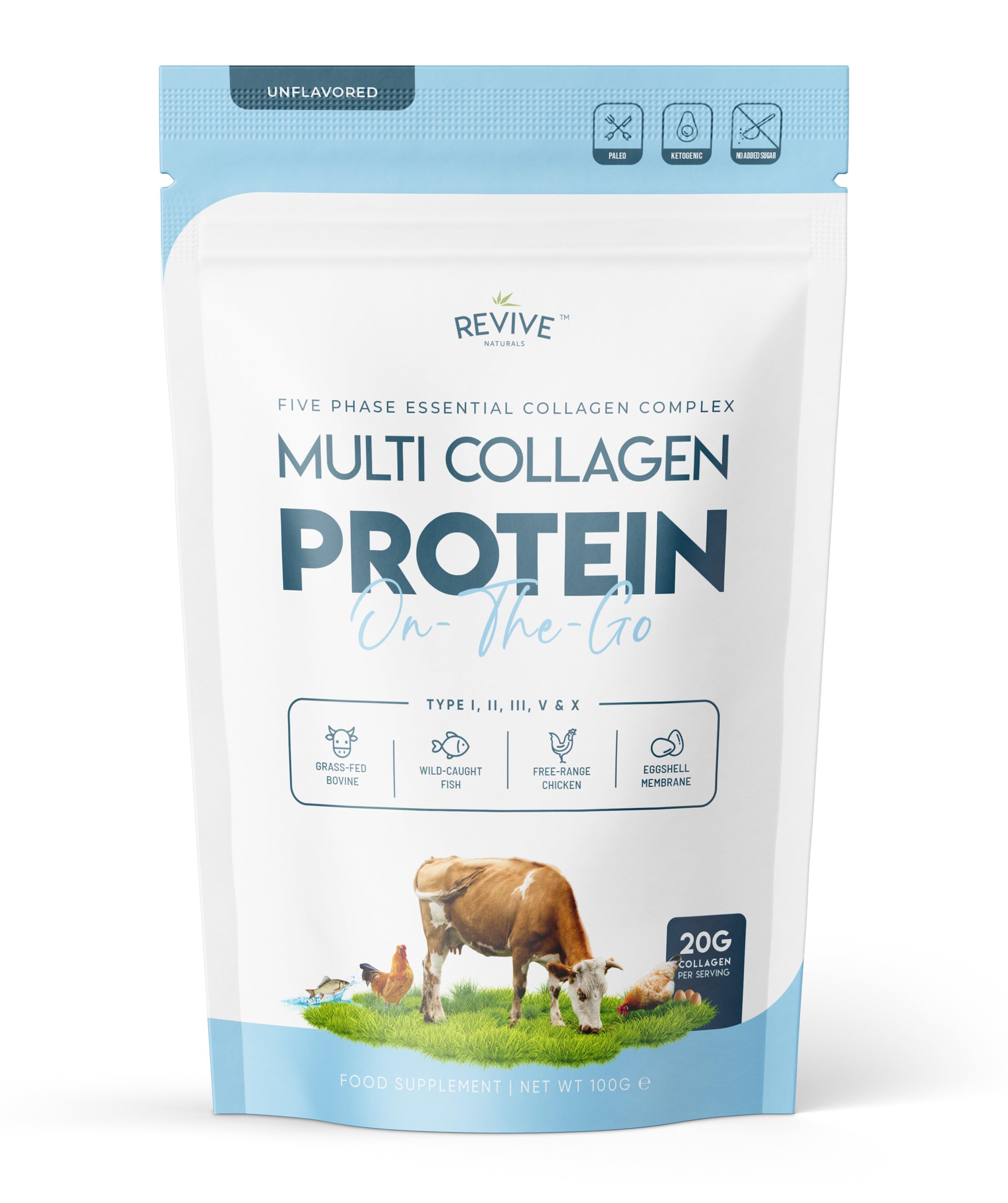 Multi Collagen Protein Powder (100g) - Types I, II, III, V & X - Hydrolyzed Grass Fed Bovine, Wild Caught Fish, & Free-Range Chicken & Eggshell Collagen (5 Day Supply)