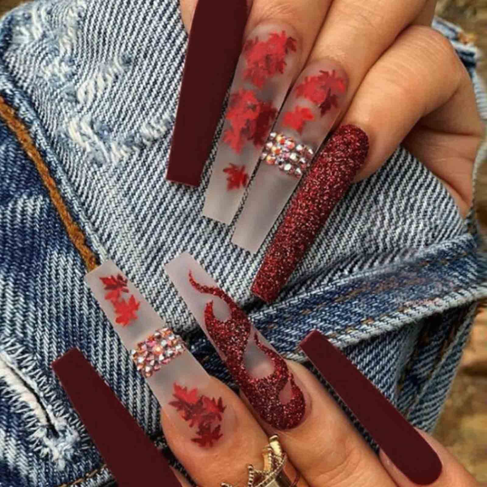 Photo 1 of Hkanlre Red Press on Nails Tips Coffin Long Leaf Fake Nails Bling Full Cover Ballerina Rhinestones False Nails for Women and Girls 24PCS