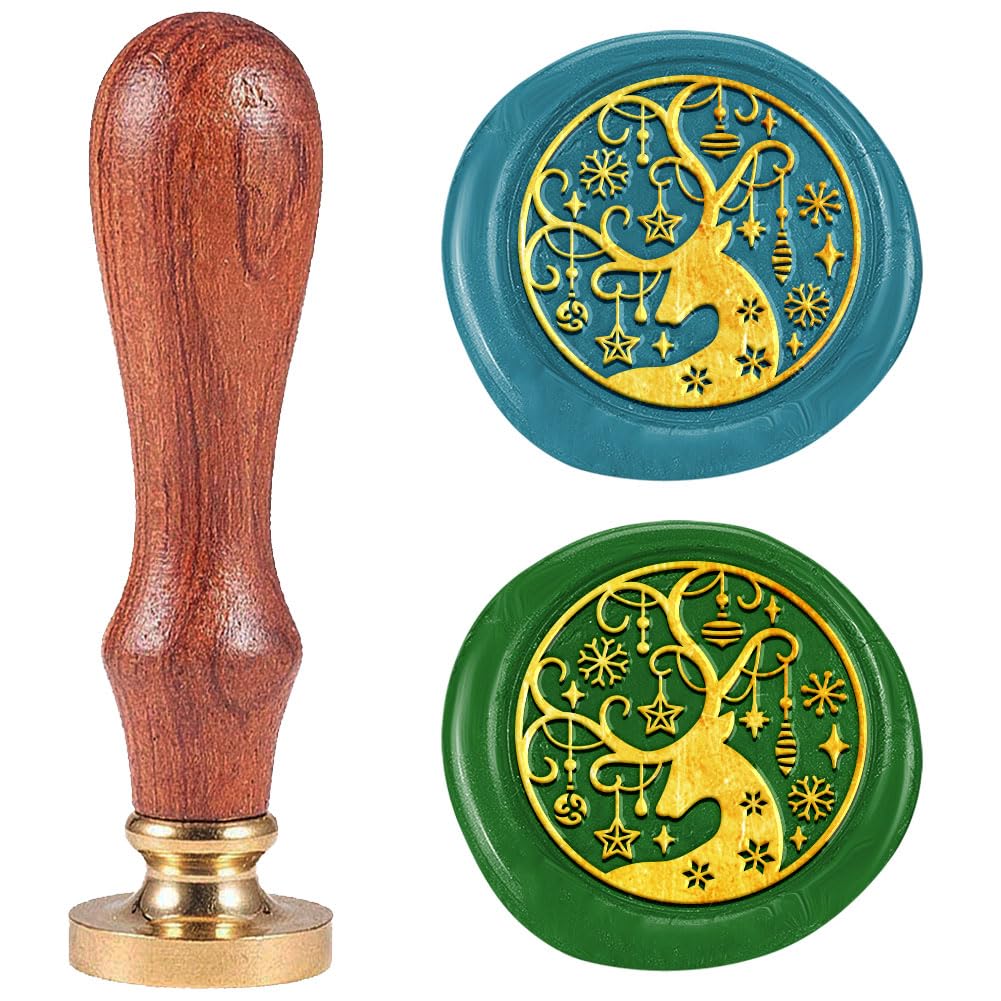 DELORIGIN 1" Christmas Deer Wax Seal Stamp, Retro Sealing Stamps Removable Brass Head with Wooden Handle Seal Stamp Sealing Wax for Christmas Envelope Greeting Card Letter Invitations Gift Wrapping