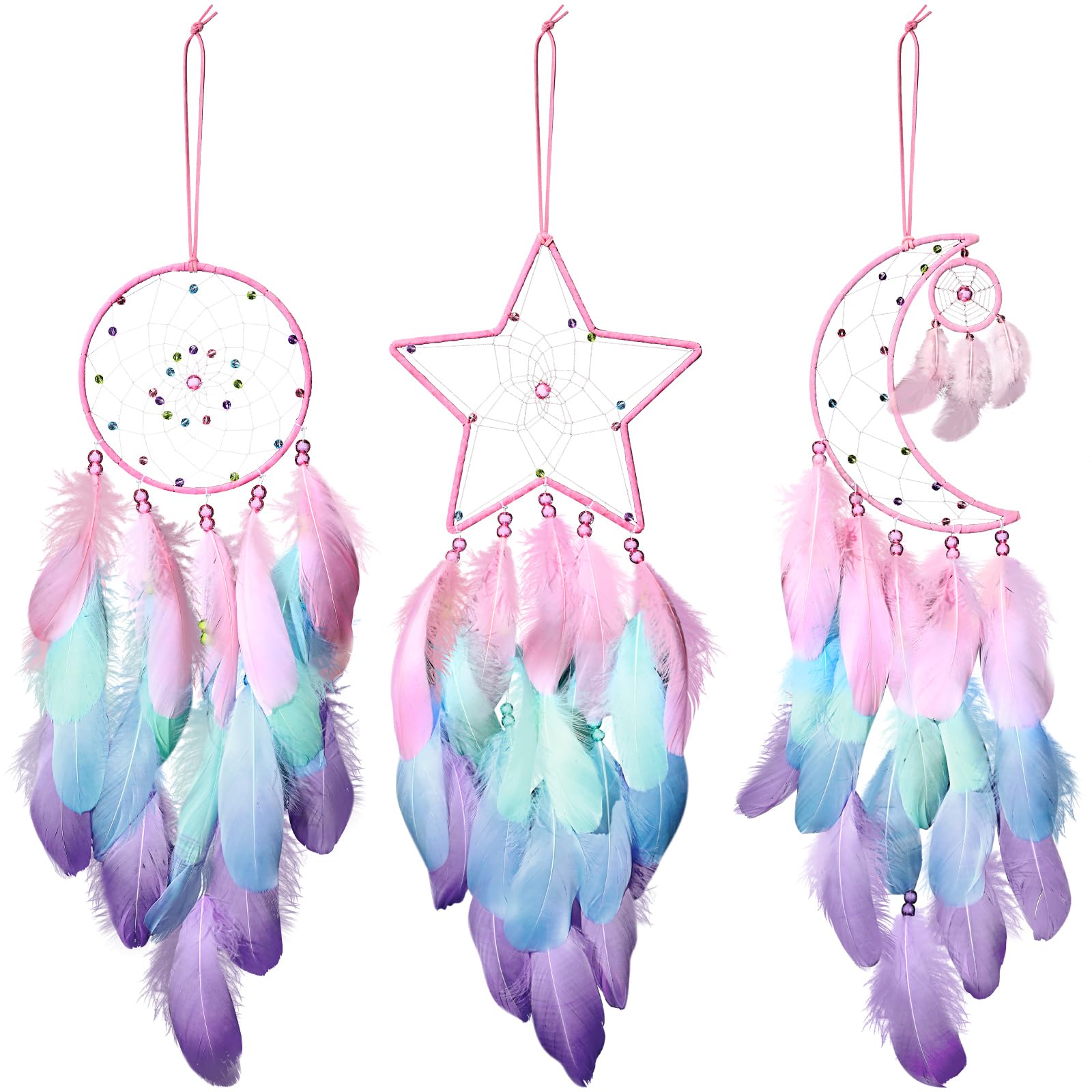 Photo 1 of Jetec 3 Pcs Dream Catcher Moon Sun Star Design Handmade Traditional Design Craft Ornament Wall Art Hanging Home Decoration Bedroom Wedding(Macaron Color)