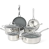 Martha Stewart Delaroux 10 Piece Stainless Steel Pots and Pans Kitchen Cookware Set w/PFAs Free Premium Nonstick Ceramic Interior
