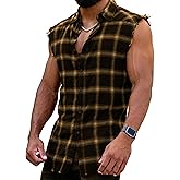 GRMNSG Mens Sleeveless Flannel Shirt Plaid Casual Button Down Shirts Vest