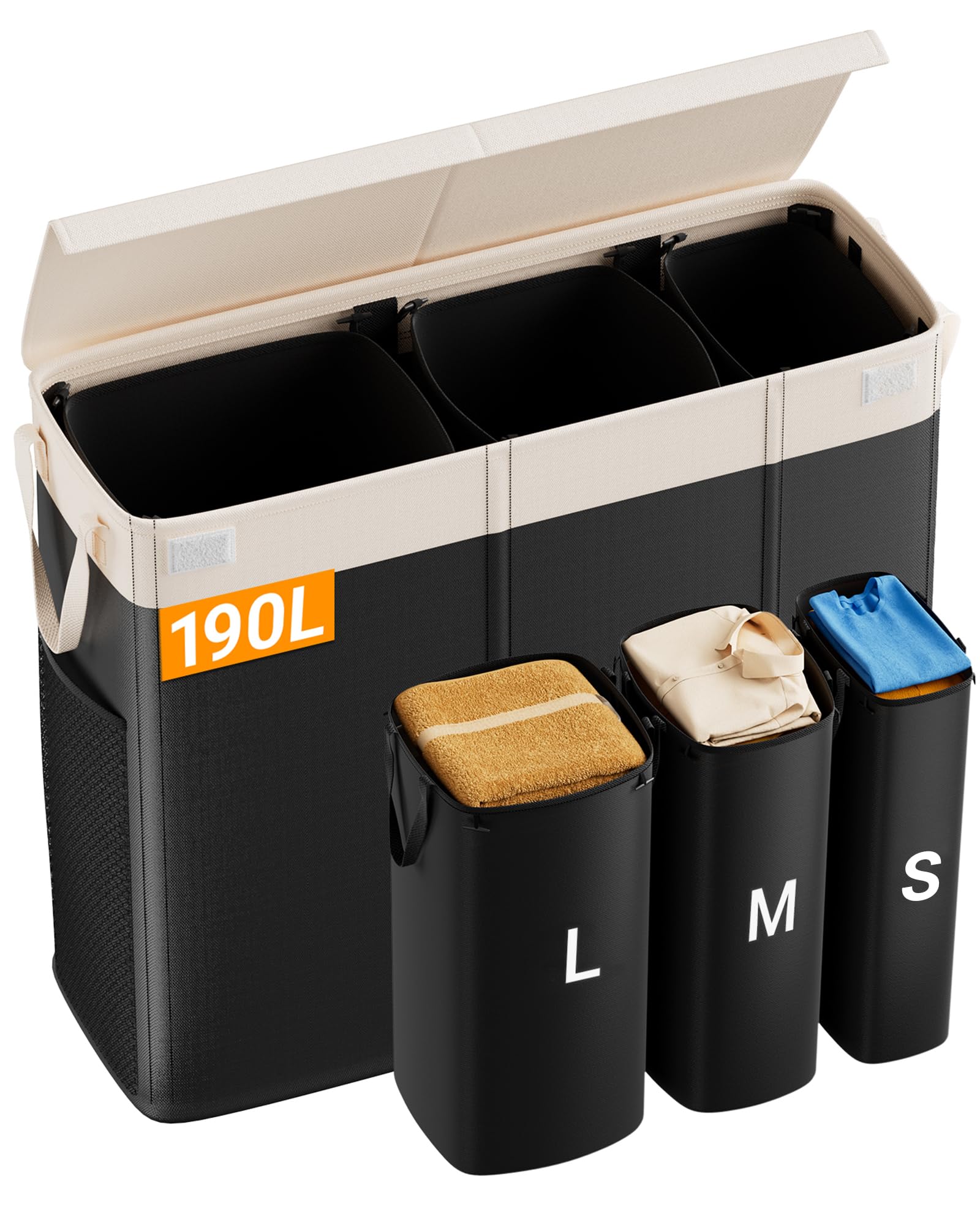 Photo 1 of 190L Laundry Hamper with Lid, Large Laundry Basket with Lid and 3 Section, Sturdy Laundry Baskets with 3 Removable Bags (L M S), Dirty Clothes Hamper Organizer for Laundry Room, Bedroom and Dorm Room