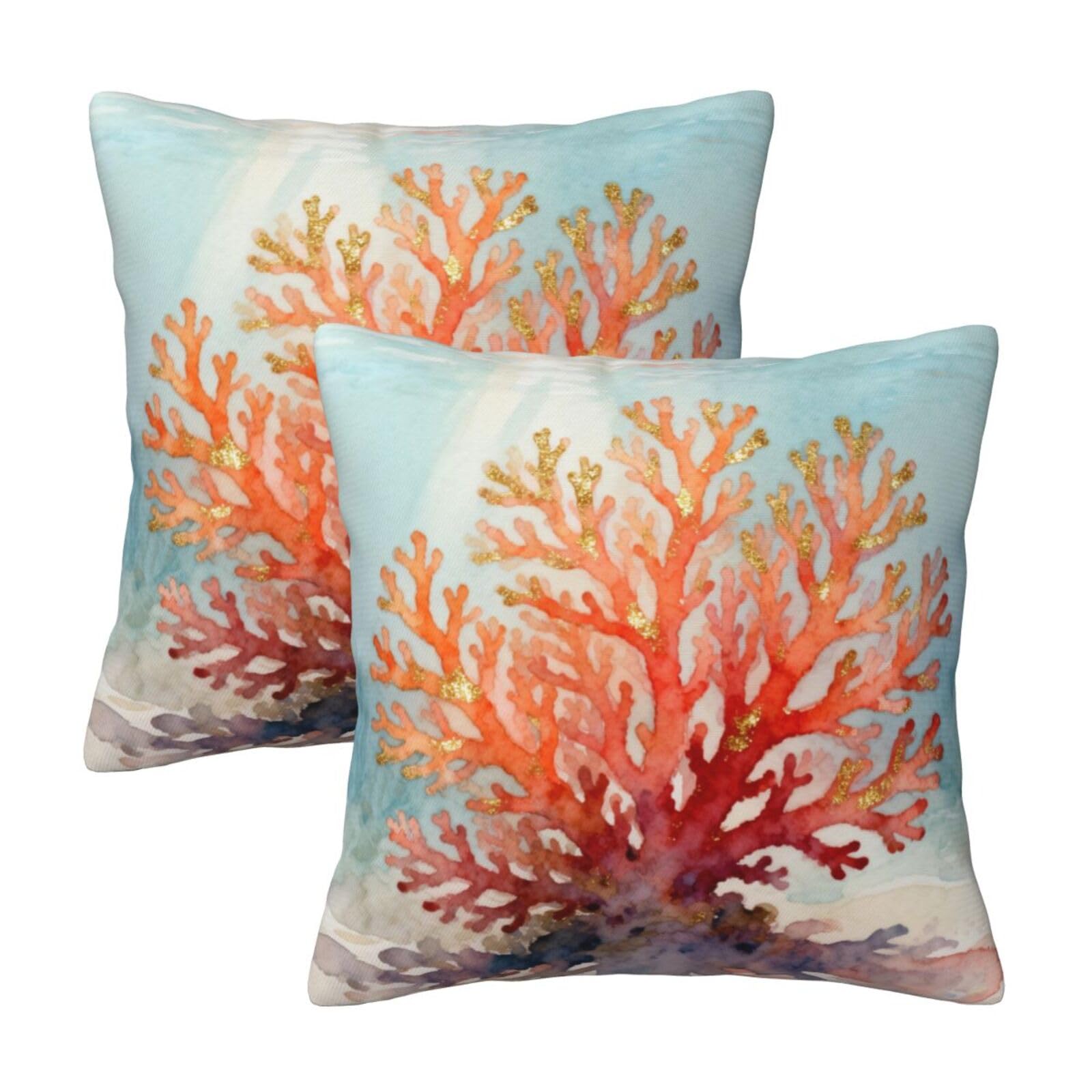 Lcokin Coastal Beach Coral Throw Pillow Covers 18x18 in Set of 2, Decor Decorative Blue Ocean Pillow Case Square Cushion Covers for Sofa Bed Couch Living Room
