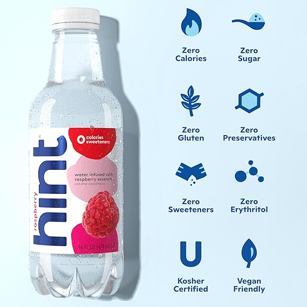 HINT BOTTLED WATER, RASPBERRY – PURIFIED FLAVORED WATER BEVERAGES WITH ZERO CALORIES, NATURAL FLAVORS, AND SUGAR FREE – 16 FL OZ (PACK OF 12)