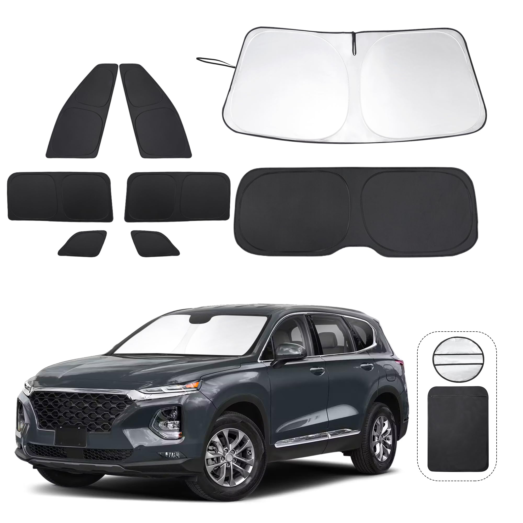 Photo 1 of 8PCS Windshield Sun Shade Custom Fit for 2019-2024 Hyundai Santa Fe,SE,SEL,SEL Plus,Limited,Ultimate Accessories Foldable Sunshade Side Rear Window Shade Cover Full Set Privacy Protection