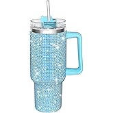 HWISDMIG 40oz Tumbler with Handle-Glitter Rhinestones Tumbler Bling Cups Stainless Steel Water Bottle Diamond Studded Tumbler for Women-Birthday Gifts for Women, Mom, Girlfriend (40 oz, Turquoise)