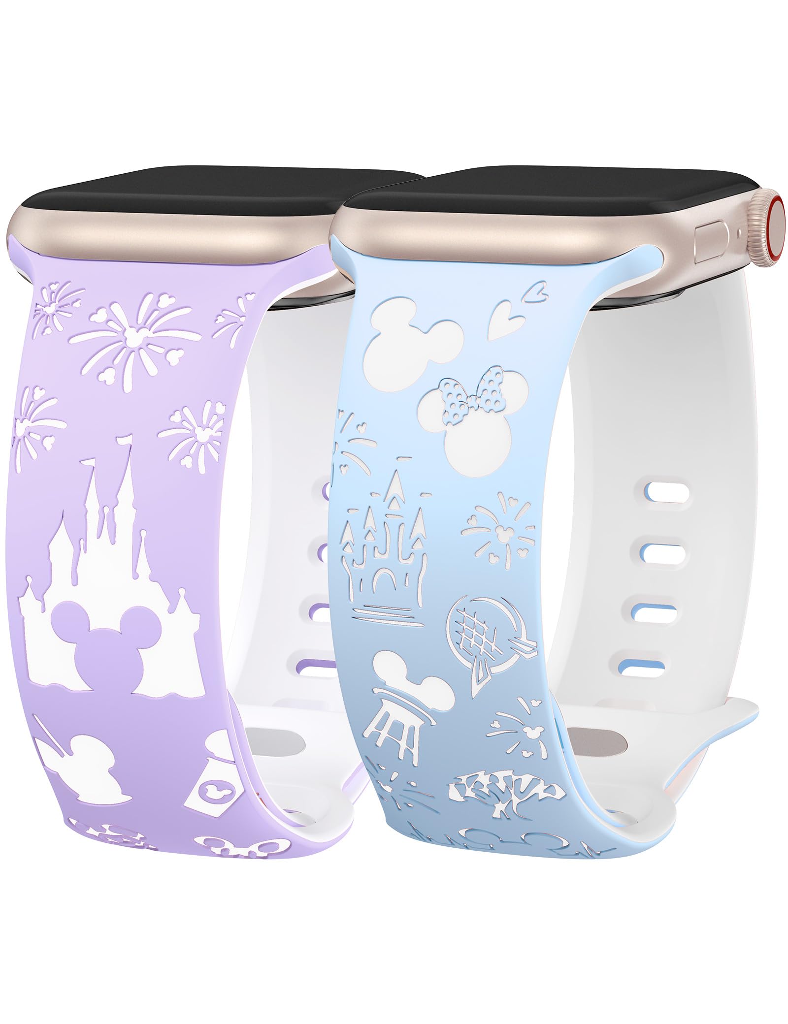 BEEXI 2 Packs Cartoon Engraved Band Compatible with Apple Watch Band 49/46/45/44/42mm Women Two-Tone Cute Soft Silicone Sport Strap for iWatch SE Series 10/9/8/7/6/5/4/3/2/1/Ultra(1/2)