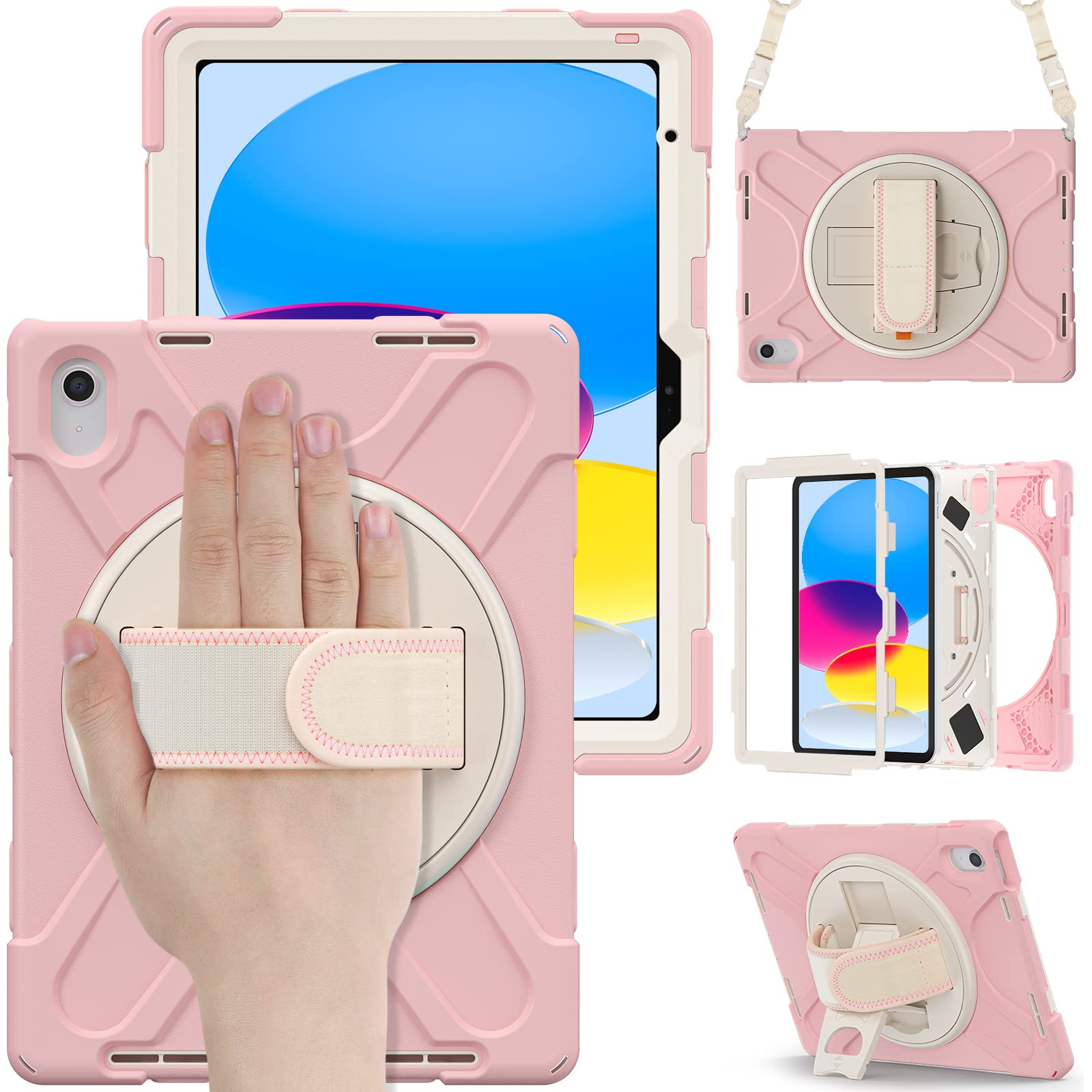 Bspring Case for iPad (A16) 11th/10th Generation (2025/2022-11inch/10.9inch) - Multiple Angles Shockproof Rugged Cover with 360°Rotating Hand Strap and Stand/Shoulder Strap/Pencil Holder,Pink