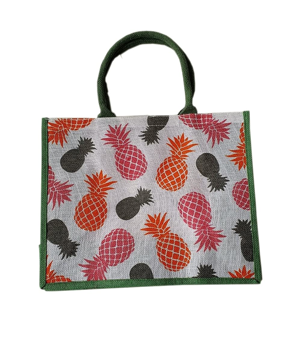 Box Shaped Eco Friendly Jute Shopping Bag with Gusset (Pineapple)