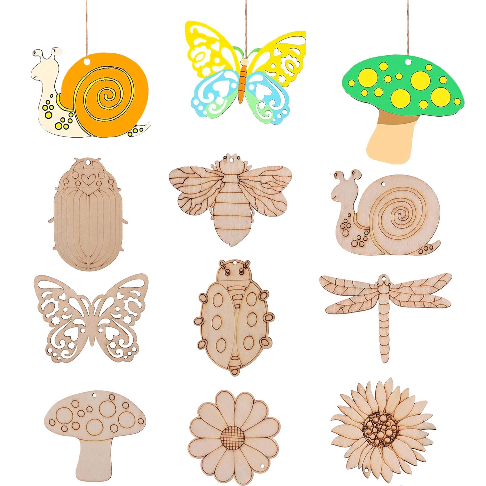 Photo 1 of 54PCS Wooden Spring Ornaments to Paint,9 Styles DIY Blank Unfinished Wood Cutouts for Kids,Unfinished Butterfly Dragonfly Snail Mushroom Shape for DIY Crafts Home Decoration Hanging Craft