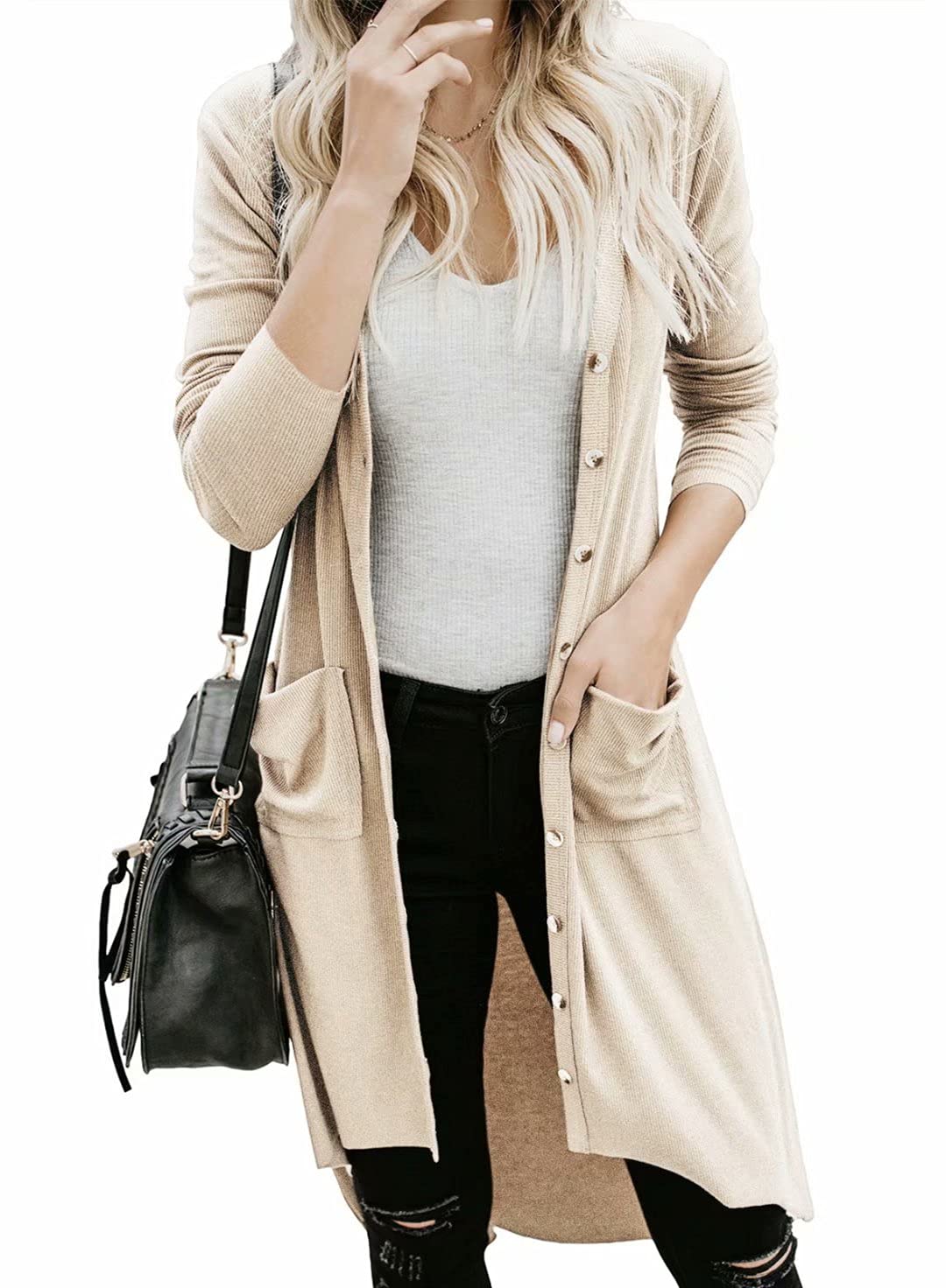 Photo 1 of Dokotoo Womens Elegant Fall Casual Snap Button Down Long Sleeve Pockets Open Front Pocket Ribbed Irregular Long Sweater Plain Knitting Cardigans Outerwear Coats for Female Apricot Small