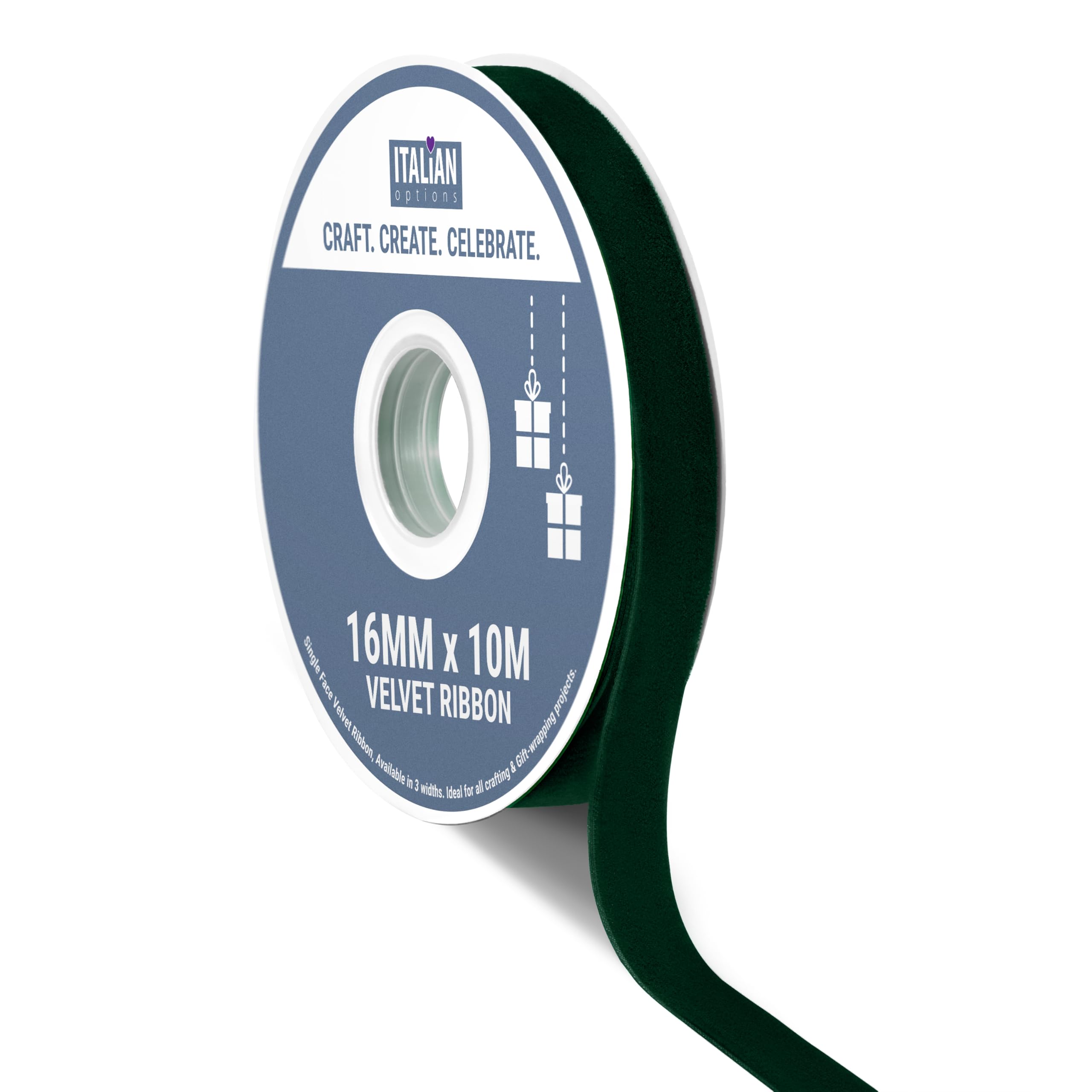 Italian Options Velvet Ribbon, Luxury, Single-Face Velvet Ribbon for Crafting, Christmas, Bows, Hair, Cakes, Weddings, Ornaments, Gift Wrapping, Flowers, 16mm 10 Metre Roll, Bottle Green